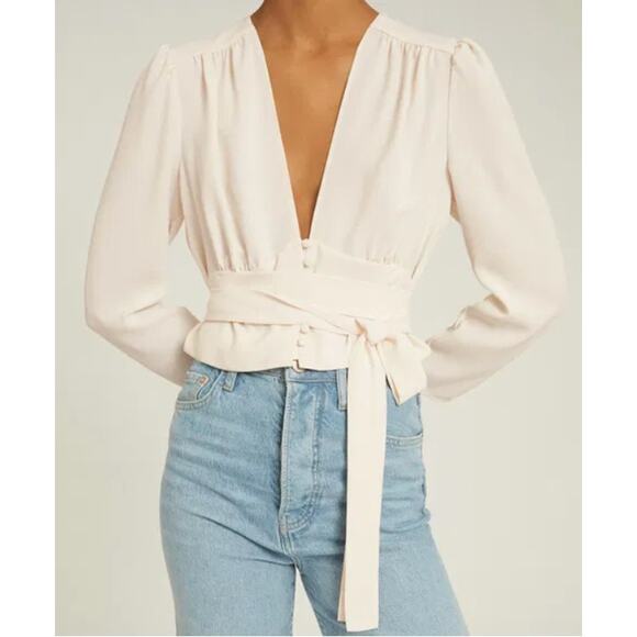 Reiss Tops - Reiss Plunge Deep V-neck Buttons Tie Wrap Beige Blouse Coquette Lingerie (size 2
